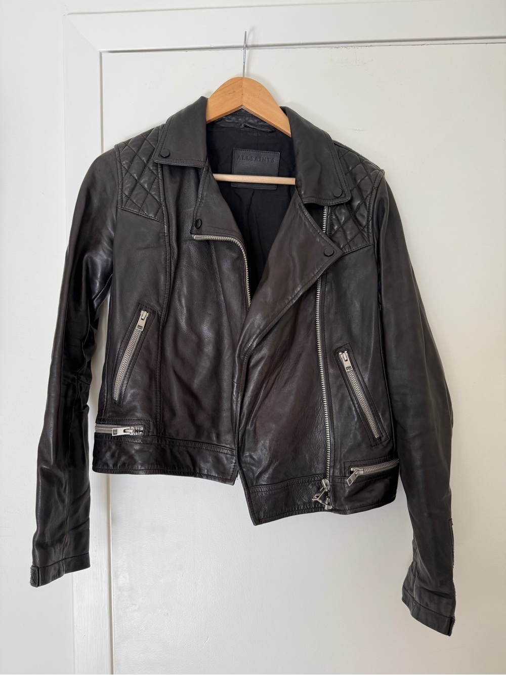 All Saints black quilted shoulder leather moto jacket